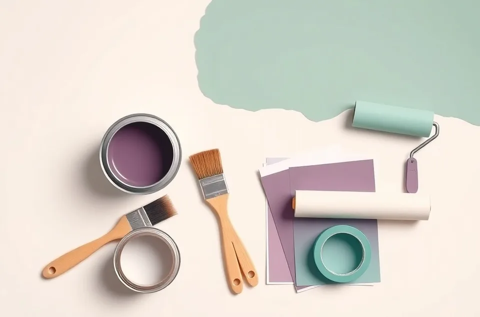 Pots de peinture, nuancier, brosses et rouleaux disposés à plat