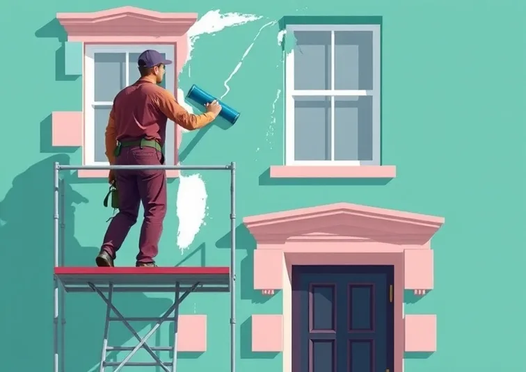 Peintre sur échafaudage traitant la façade d'une maison