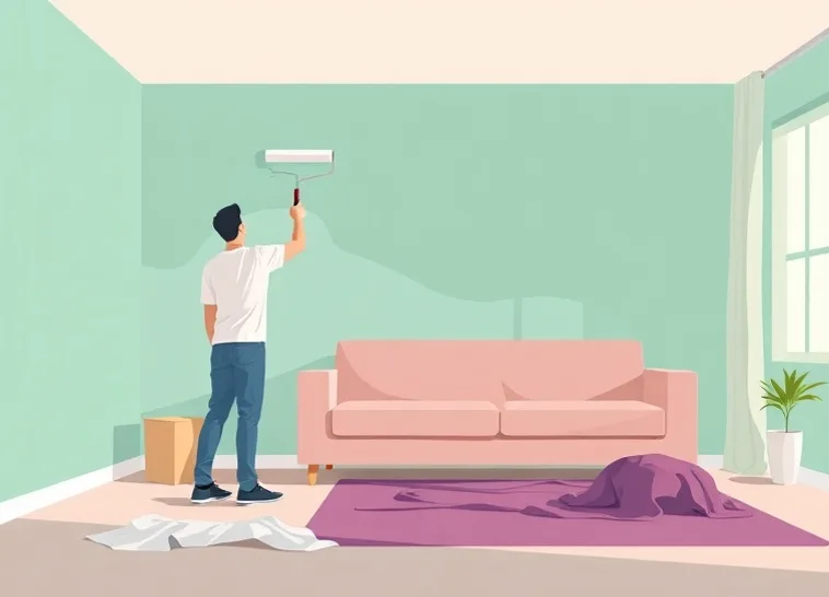 Peintre appliquant la peinture au rouleau sur un mur de salon